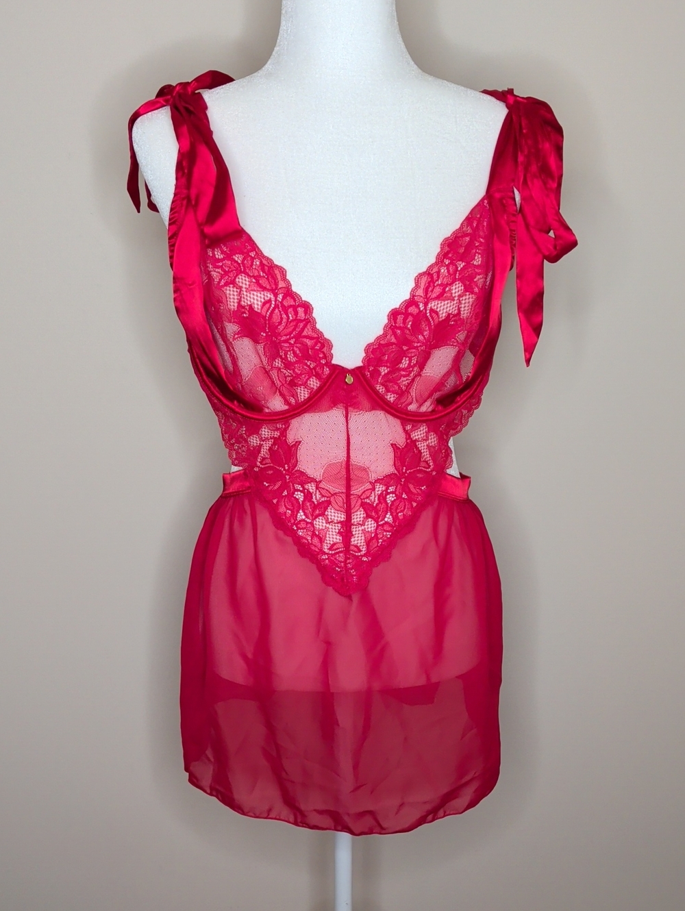 Adore Me Red Lace Tie-Shoulder Sheer Chemise Sizs 38 DD